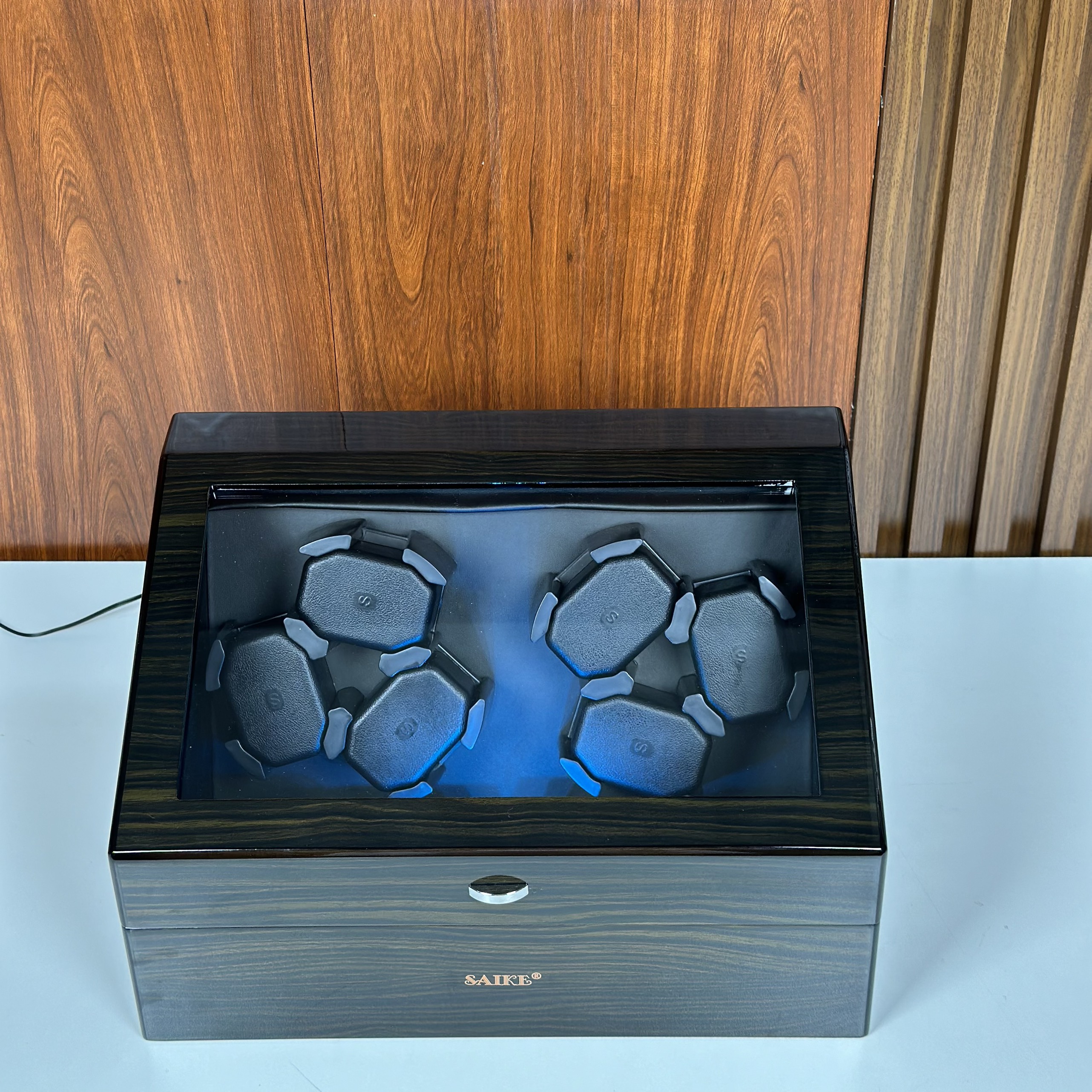 [BH 2 Năm Động Cơ] Hộp Đồng Hồ Cơ 6 Xoay + 6 Tĩnh Vỏ Gỗ Sơn Vân Gỗ Mun Có Đèn Led