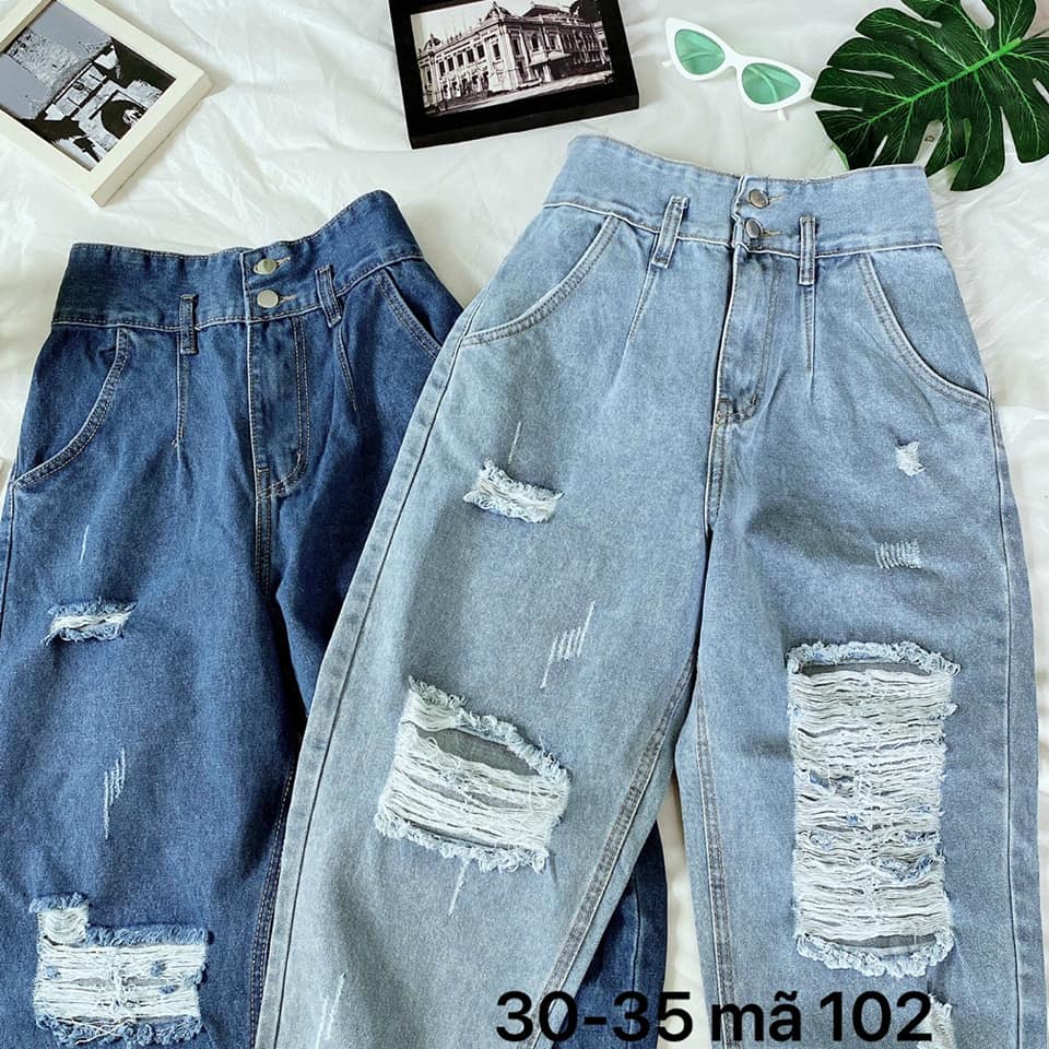 Quần baggy jean nữ rách gối lưng kiểu phối 2 nút