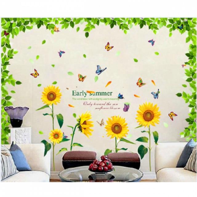 BỘ COMBO DECAL GHÉP ĐÔI dán tường - Trần nhà lá xanh và Hoa Hướng Dương