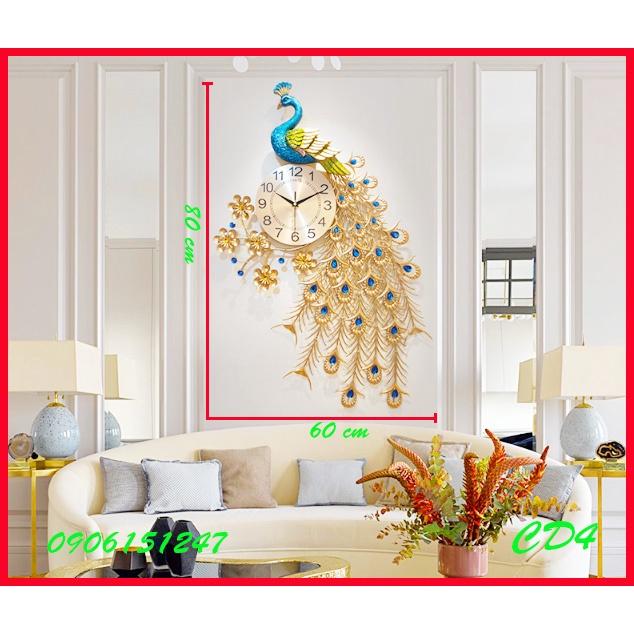 Đồng hồ treo tường trang trí decor chim công CD4 Khổng Tước vàng kích thước 80 x 60 cm