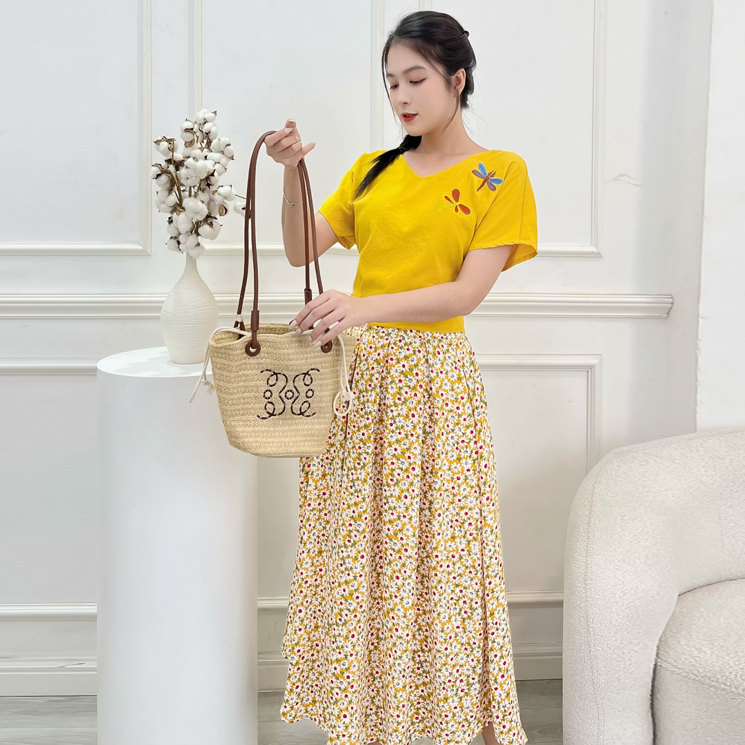 [HCM] Set chân váy xòe hoa + áo linen thêu sang trọng S05 - Lady fashion - Khánh Linh Style