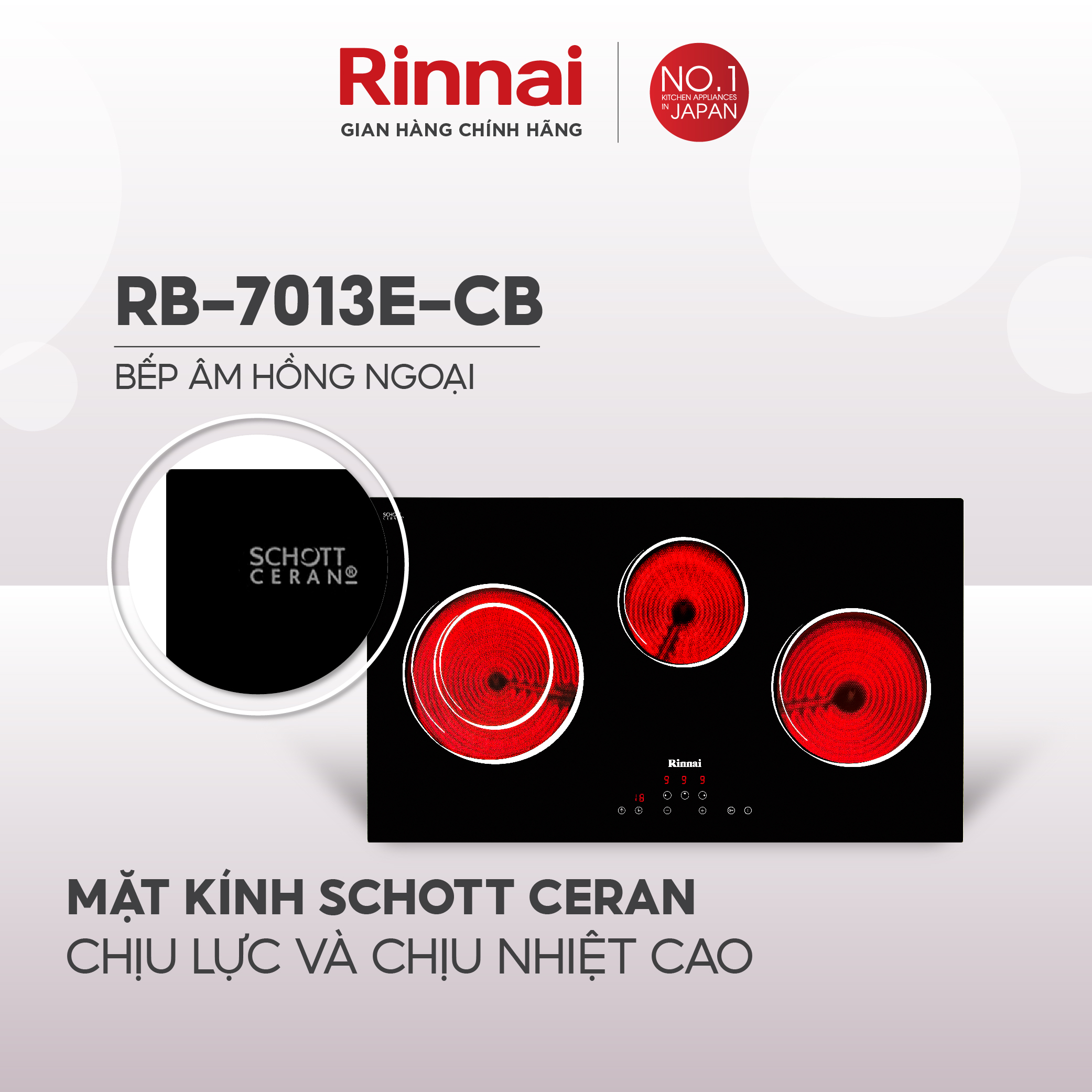 Bếp hồng ngoại Rinnai RB-7013E-CB mặt kính Schott 5200W - Hàng chính hãng.