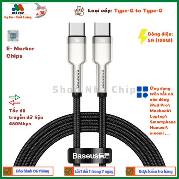 Cáp sạc Baseus Type C 100W, Cáp sạc siêu nhanh 100W Baseus Metal Data Cable Type C to Type C - Hàng nhập khẩu