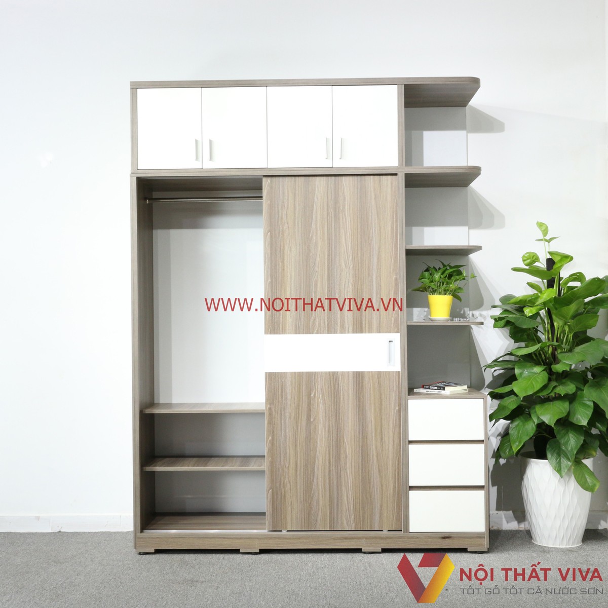 Tủ Áo Lùa Kịch Trần Có Kệ Trang Trí Gỗ MDF Melamine Màu Xám Chỉ Trắng Cao Cấp
