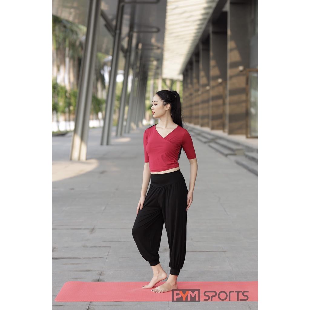 Set đồ tập yoga - tập gym PYM Sports - PYMS005 áo croptop tay lửng buộc vạt sau eo, quần dáng alibaba - 2 màu đen và đỏ