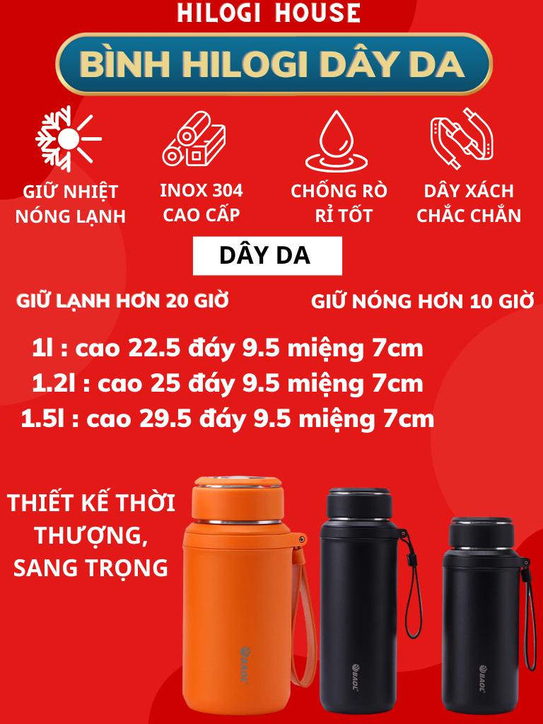 Hình ảnh Bình giữ nhiệt 1500ml HiLOGI inox 304 ,bình nước nắp inox và dây xách bằng da, sơn nhám chống trầy, giữ lạnh 24 giờ