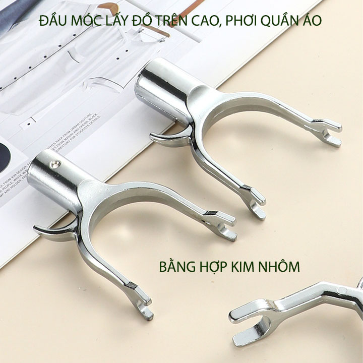 Combo 2 đầu móc lấy đồ trên cao, treo quần áo đa năng bằng hợp kim nhôm