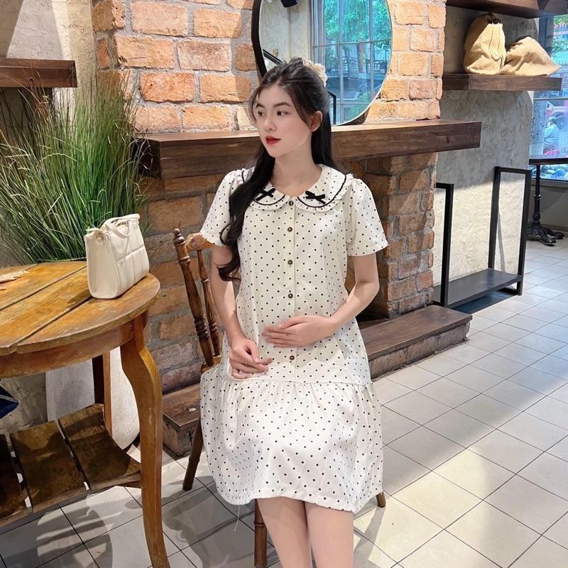 Đầm bầu chấm bi cổ sen đính nơ dễ thương, thanh lịch phù hợp cho mẹ bầu và sau sinh - Trắng kem