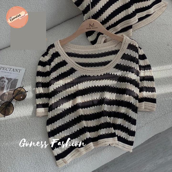 Áo len nữ Goness chất vải dệt kim ngắn tay họa tiết kẻ sọc kiểu cổ cardigan phong cách hàn quốc