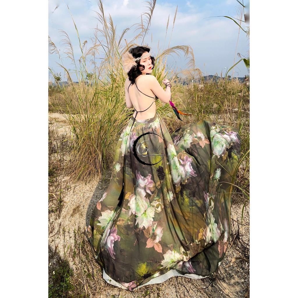Đầm maxi hoa dây buộc,xẻ đùi sexy