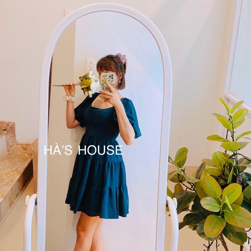Đầm đi chơi dáng xoè ngắn màu xanh cổ vịt