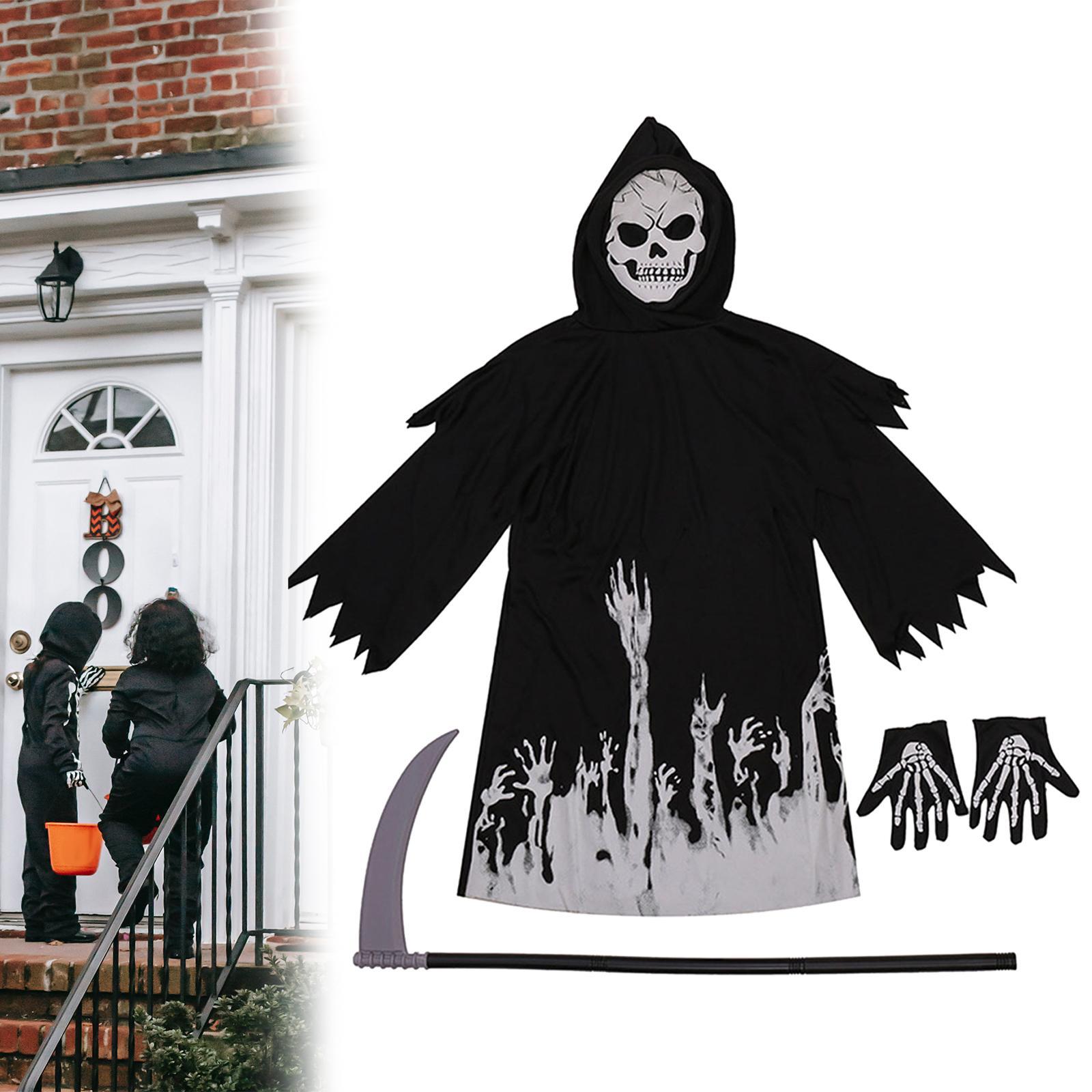 Grim Reaper Costume Hooded Cape Skull Creepy for Dress up Stage Performances