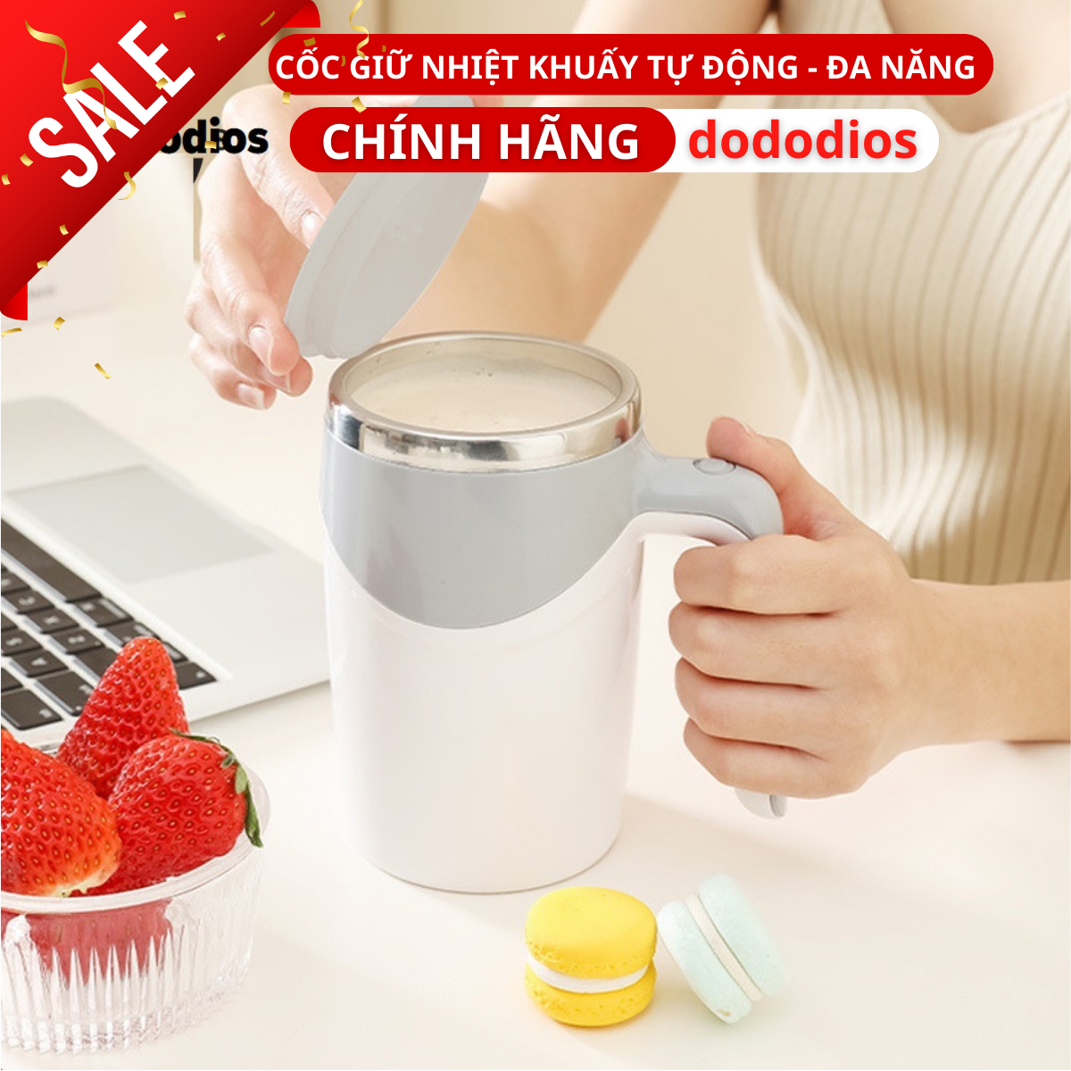 Cốc tự khuấy từ tính dododios giữ nhiệt, inox 304 và nhựa an toàn - Hàng Chính Hãng