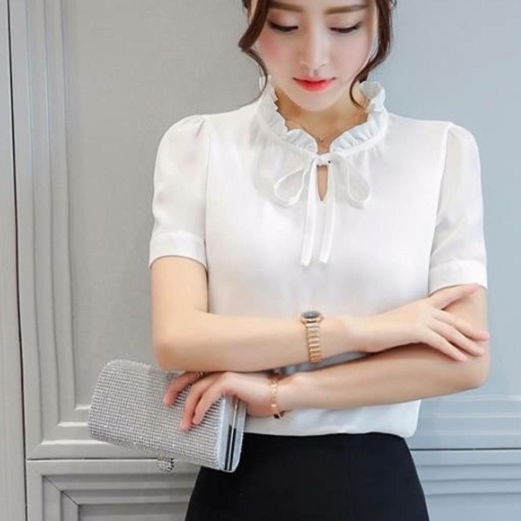 Aó công sở cổ nhún cột nơ tay con