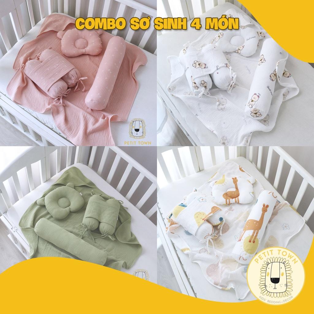 Combo Set Đồ Sơ Sinh 4 Món Vải Xô Muslin (Gối Chống Bẹp Đầu, Gối Chặn, Gối Ôm, Khăn Ủ)