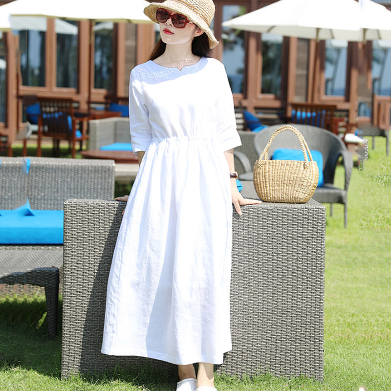 Đầm suông nữ chất linen cao cấp, đầm trắng có dây rút eo siêu xinh đi biển, đi chơi Da78