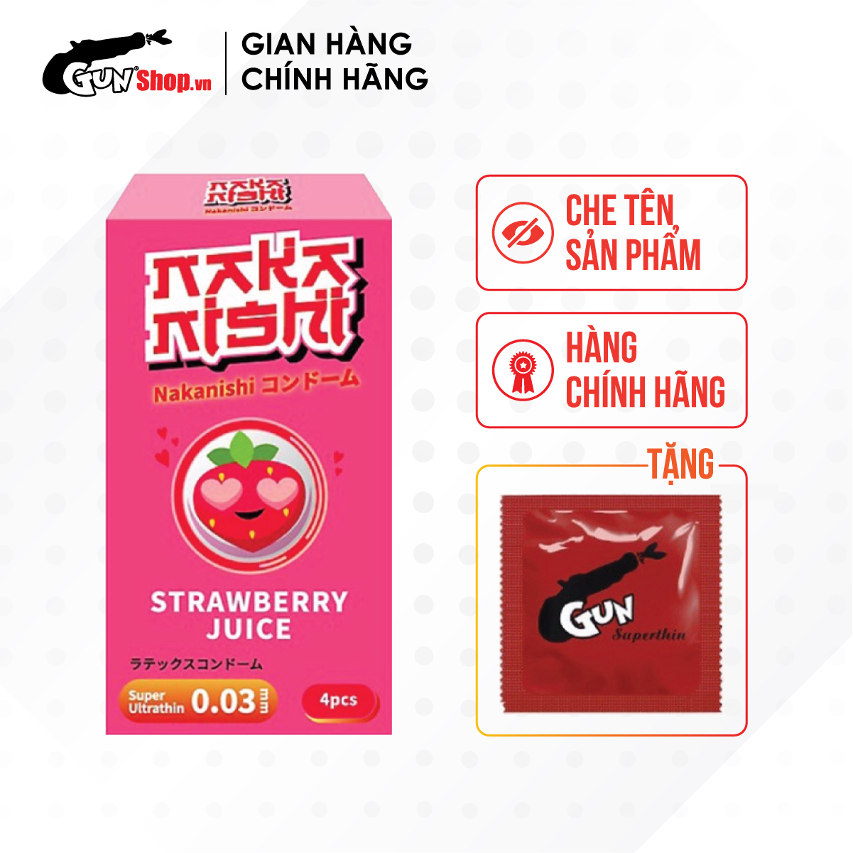 Bao cao su Nakanishi - Siêu mỏng 0.03mm - Hương dâu kèm 1 chiếc BCS Gun Super Thin