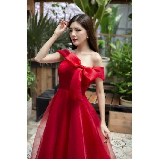 Đầm váy nữ maxi nơ trễ vai có 2 màu trắng đỏ