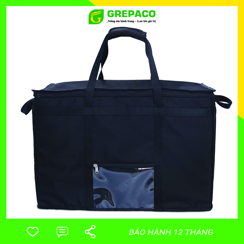 Túi Giữ Nhiệt Giao Nhận Hàng Thực Phẩm Size Lớn (To) XXL Bằng Vải Bố Canvas Màu Đen Quai Xách 4 Hướng