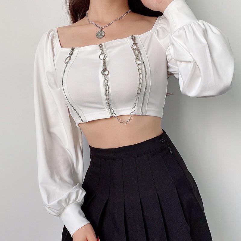 Áo trễ vai croptop khoá kéo cá tính mẫu 2021