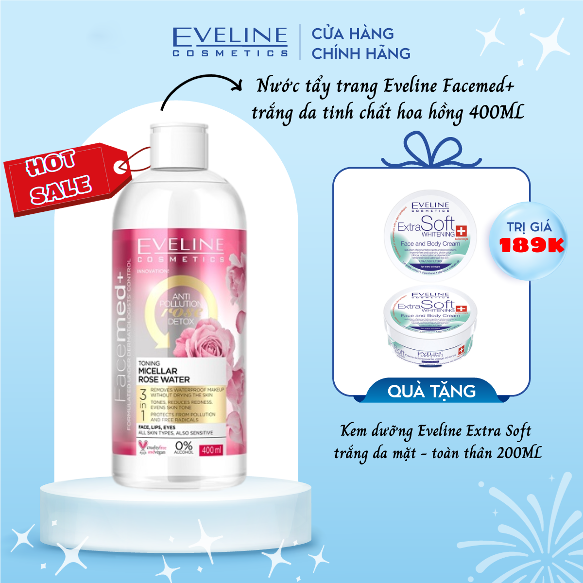 [TẶNG dưỡng thể trắng da] Nước tẩy trang tinh chất hoa hồng EVELINE FACEMED+ 400ML (new)