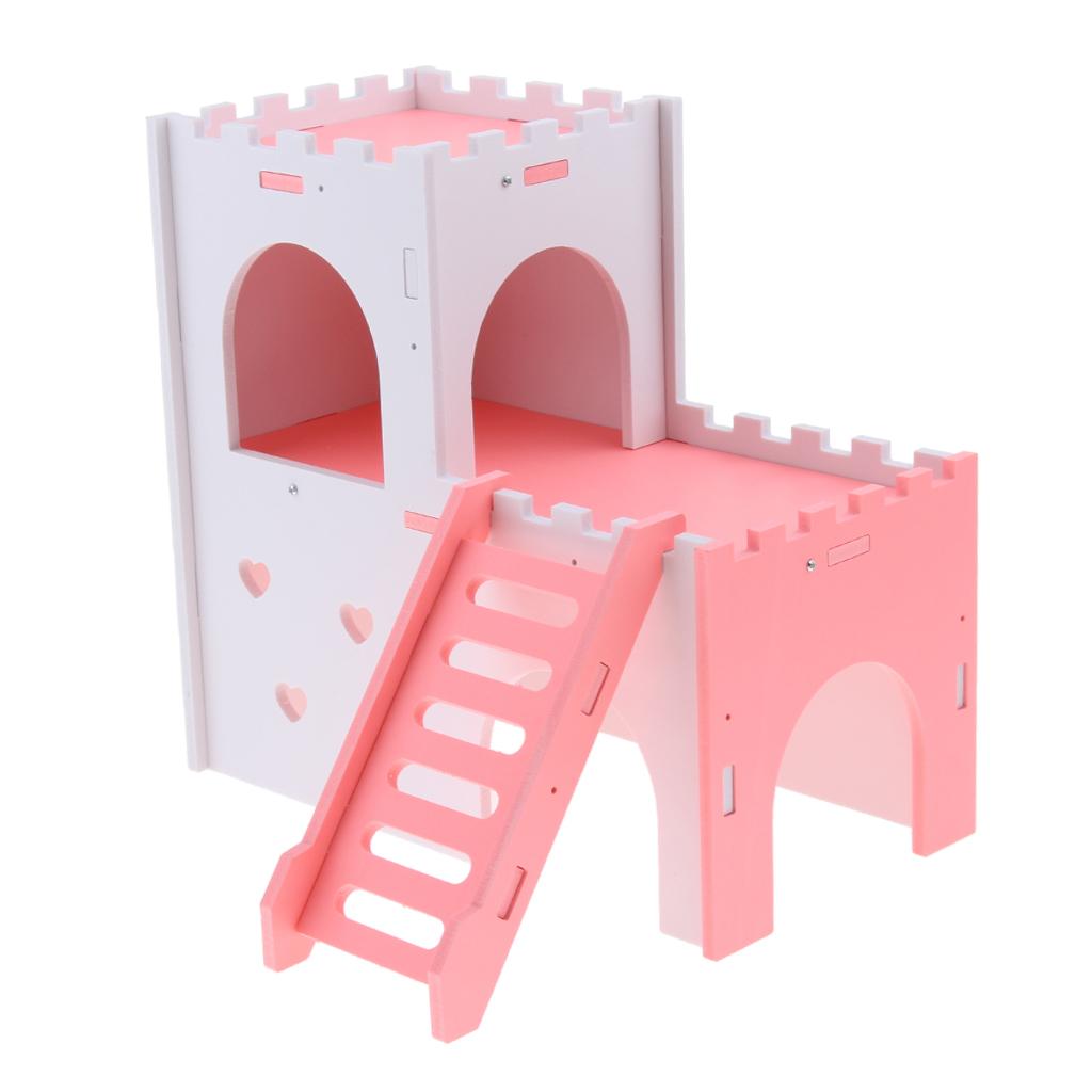 Hamster Hideout House Cabin Cages Wooden Villa Hut Play Toy Pink