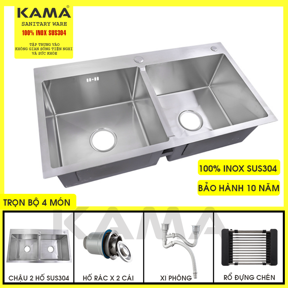 Chậu Rửa Chén Inox 304 Chính Hãng KAMA, Chậu Rửa Chén Bát Hai Hố Cân Kích Thước 8245, 7843 chuẩn inox 304, đúc dày dặn