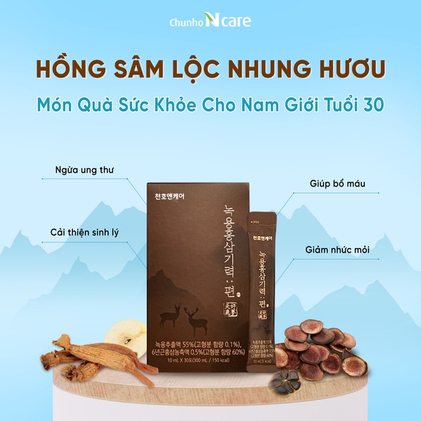 Hồng Sâm Lộc Nhung Hươu Cho Bố CHUNHO NCARE, Cải Thiện Chức Năng Gan, mỡ máu, Hộp 60 gói 10ml/gói