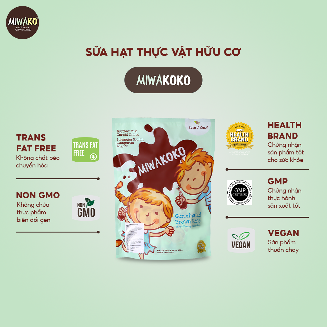 Sữa Hạt Hữu Cơ MIWAKOKO Nhập Khẩu Malaysia, Gói 30g Vị Cacao