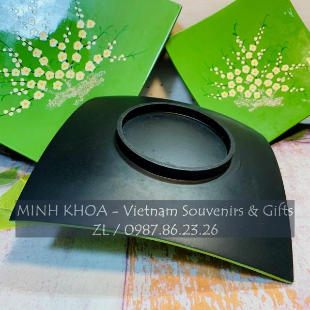 Set 3 Đĩa Vuông Cong Sơn Mài Hoa Đào Cẩn Trứng - Cherry Blossom Lacquer Tray