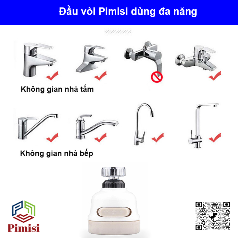 Đầu nối vòi rửa bát tăng áp đa năng 3 chế độ, xoay 360 độ Pimisi sử dụng cho cả vòi nước lavabo chậu rửa mặt và vòi chậu rửa chén bát ren trong và ren ngoài | Hàng chính hãng