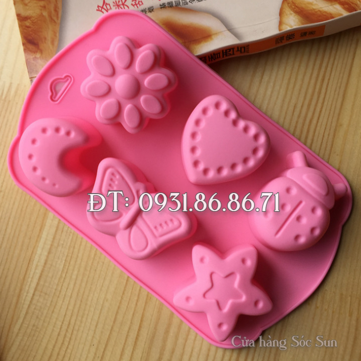 Khuôn silicon 6 hình trăng, sao, bươm bướm, cánh cam, trái tim – Mã số 1266