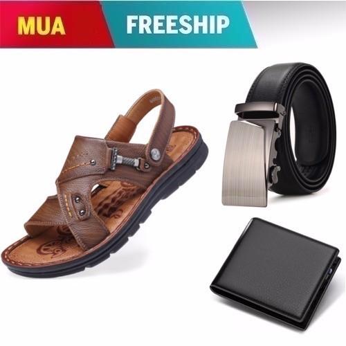 Combo Giày Sandal nam màu nâu đen + Thắt lưng nam thời trang + Ví nam thời trang