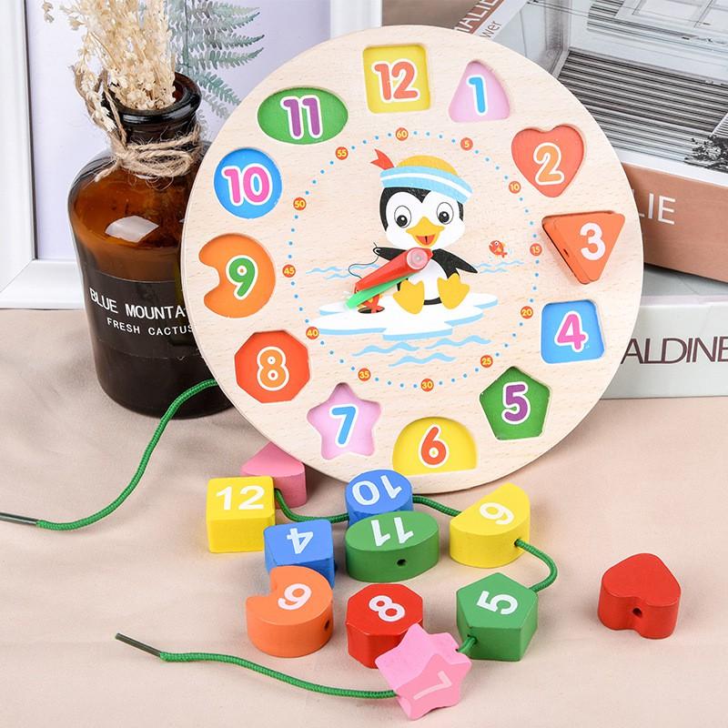 Đồ chơi gỗ giáo dục cho bé,Đồng hồ gỗ đa năng thả hình xâu vòng
