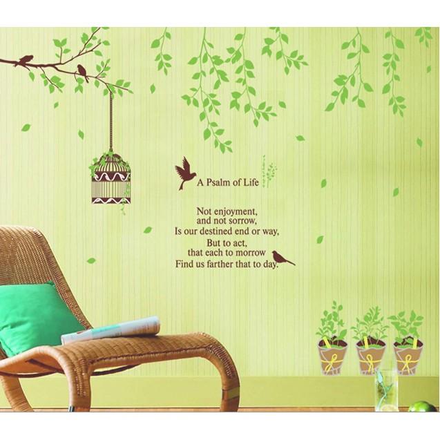 Decal trang trí mẫu cây xanh và lồng chim