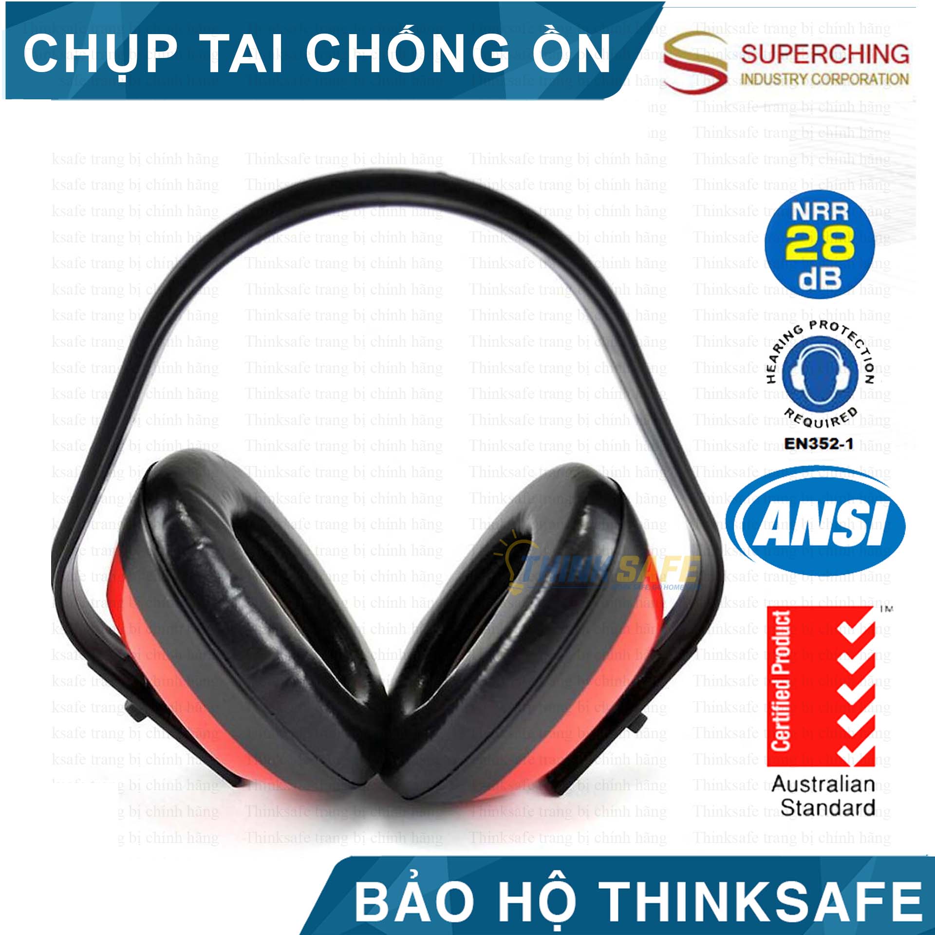 Chụp tai chống ồn SuperChing JE201 dùng trong môi trường nhiều tiếng ồn, nhẹ êm ái, giảm ồn 28dB (đỏ đen) - Ear Muff JE201