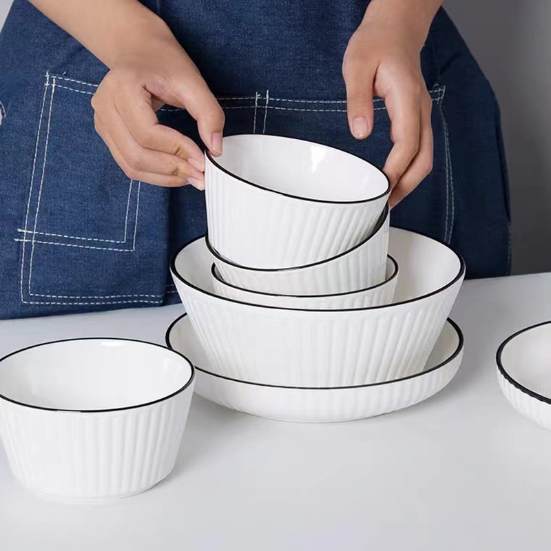 Tô/Chén bát sứ vân sọc viền đen Âu Mỹ