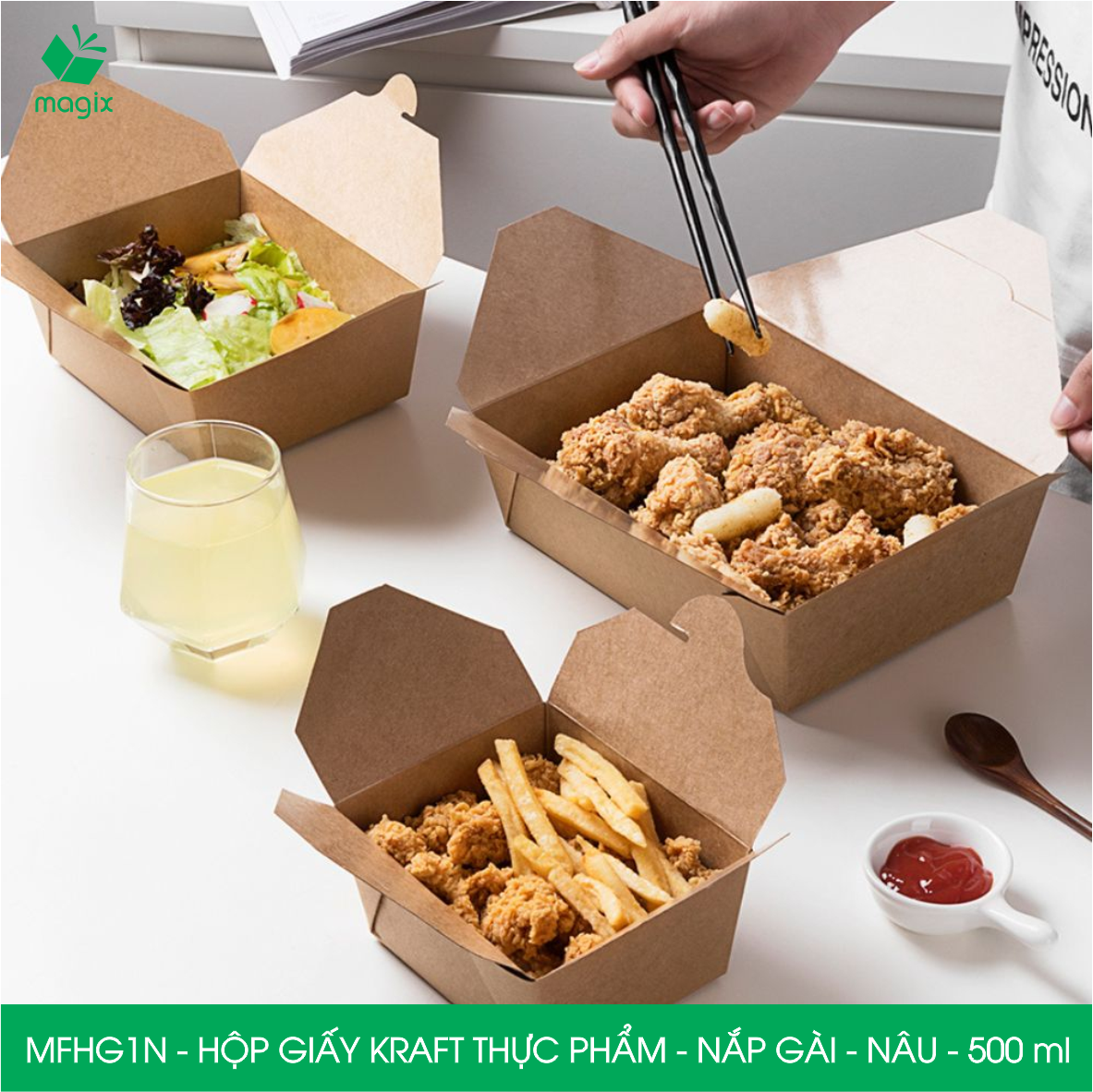 Combo 25 hộp giấy kraft thực phẩm, hộp giấy nắp gập màu nâu đựng thức ăn, hộp giấy nắp gài gói đồ ăn mang đi