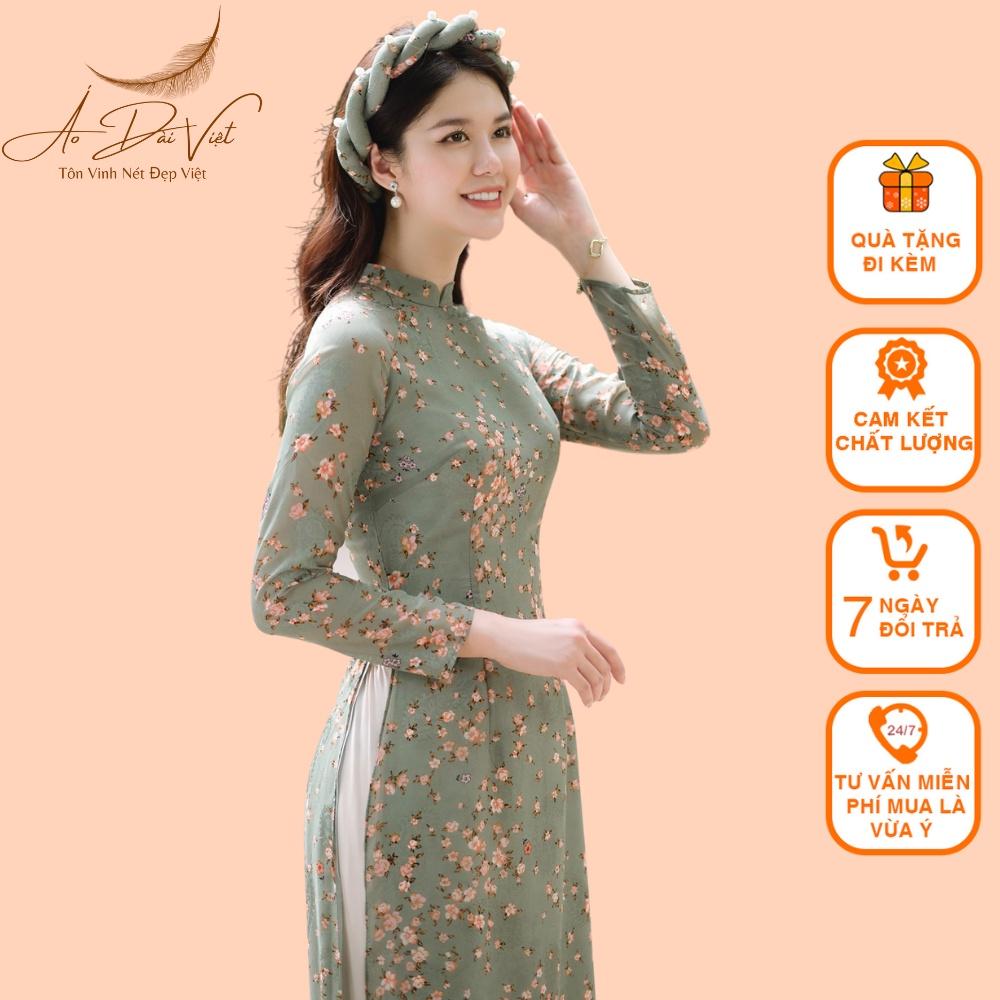 Áo Dài Hoa Nhi Xanh Đá vải Voan tơ 4 tà Áo Dài Việt Chuẩn Phom Cam kết Chất Lượng