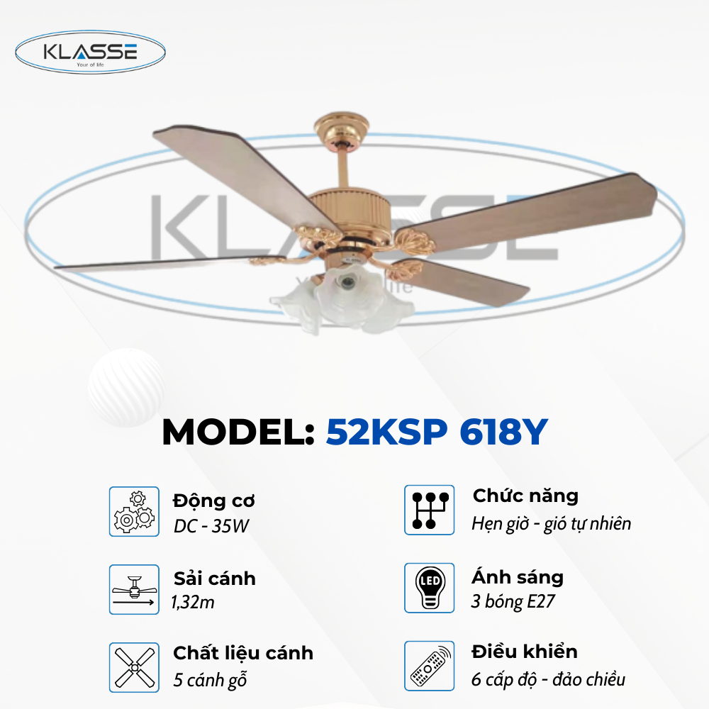 Quạt trần chùm đèn Klasse 52KSP 618Y Hàng chính hãng
