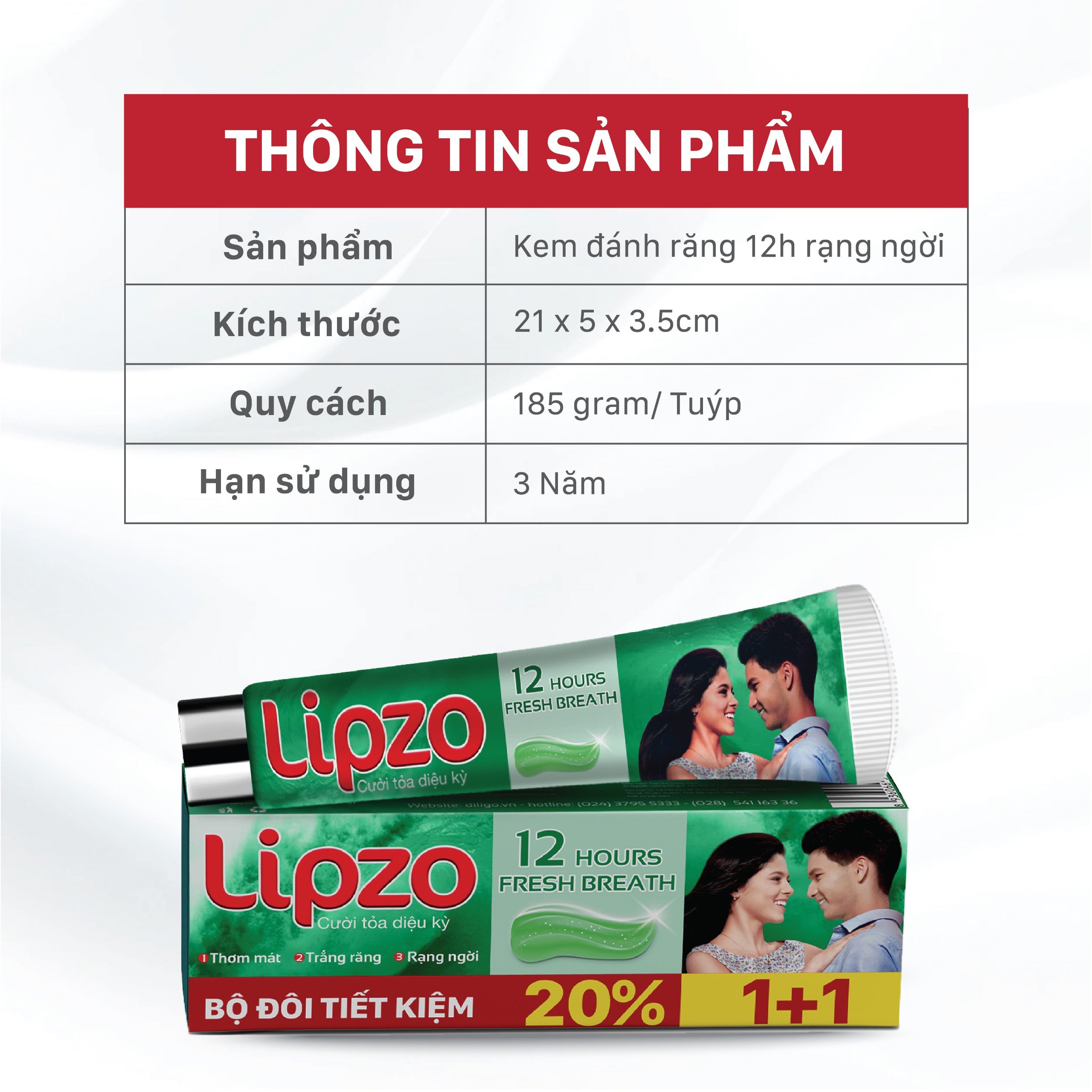 Bộ Đôi Siêu Tiết Kiệm Kem Đánh Răng Lipzo 12 Giờ Rạng Ngời 02 Tuýp 185 Gram Trắng Răng Hiệu Quả Thơm Mát Chống Hôi Miệng