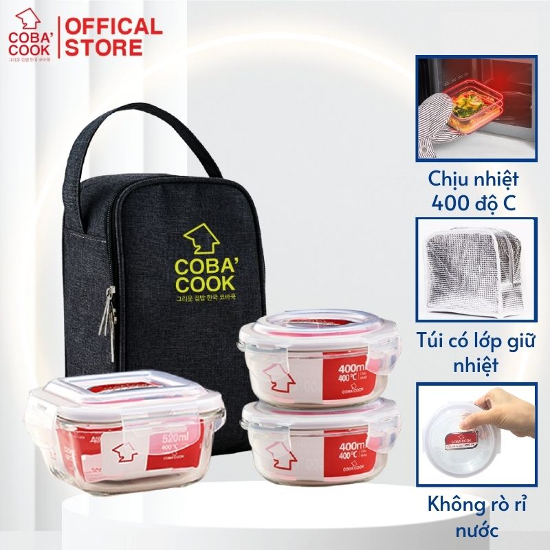 Bộ 3 hộp đựng cơm, trữ thực phẩm thủy tnh chịu nhiệt COBA'COOK 1 vuông 530ml + 2 tròn 400ml và 1 túi giữ nhiệt dài - CCS5R43BL