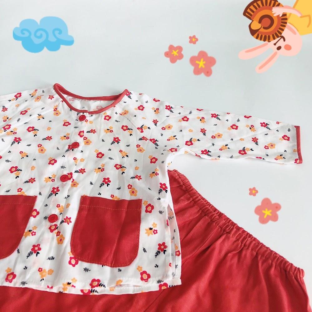 Bộ quần áo bà ba dài bé gái họa tiết Hoa nhí đỏ - AICDBGNQTWUW - AIN Closet