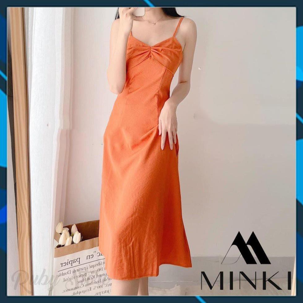 Váy Hai Dây Nhún Nơ Ngực - Chất Liệu Cotton Lụa Cao Cấp - Hai Màu Cam/ Trắng
