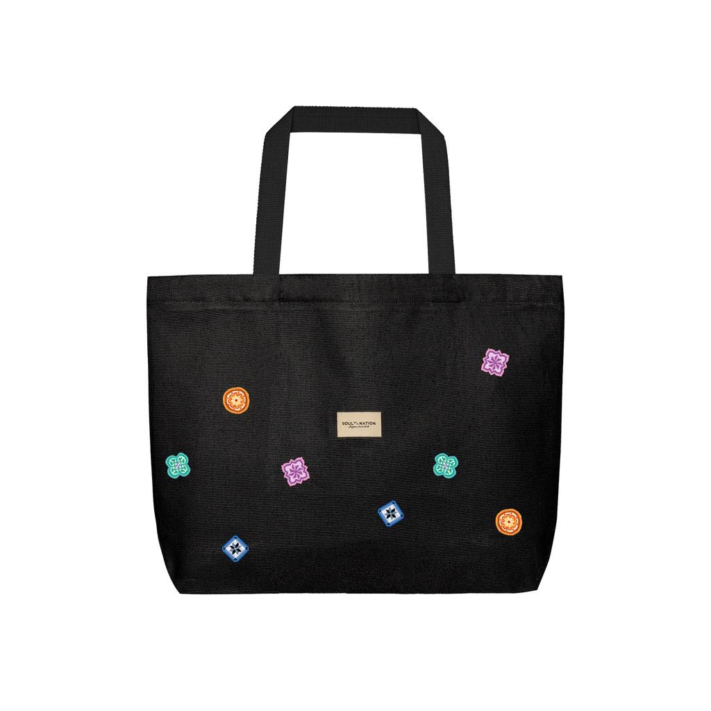 Túi Tote Vải Canvas Gạch Bông Pattern In toàn thân Cao Cấp Size lớn, Dây đeo không nhăn, Có khóa kéo, Ngăn phụ bên trong