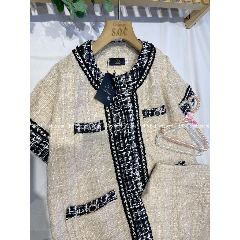 SET DẠ ÁO KHOÁC CÓ TÚI & CHÂN VÁY - Open Front Flap Detail Tweed Jacket & Skirt Set - BY BNS AGNES SET BNS005