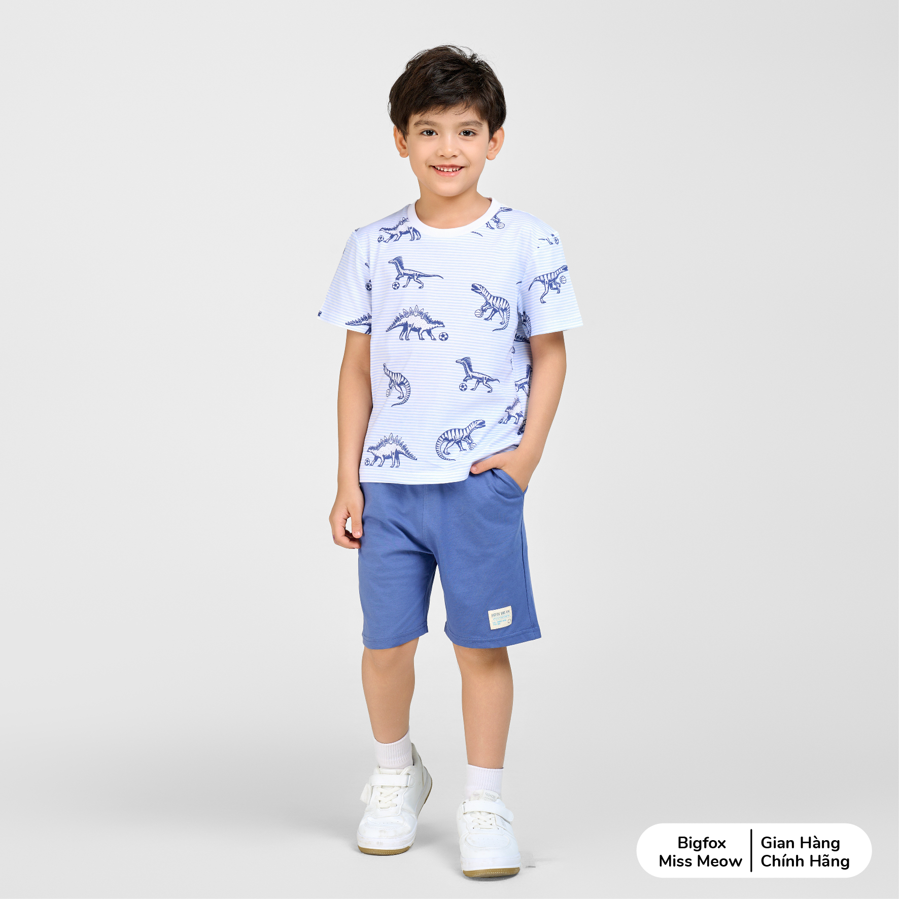 Bộ cộc tay cho bé trai Bigfox Miss Meow chất cotton size đại mùa hè in đẹp cỡ 3,7,9,11 tuổi 30kg 40kg