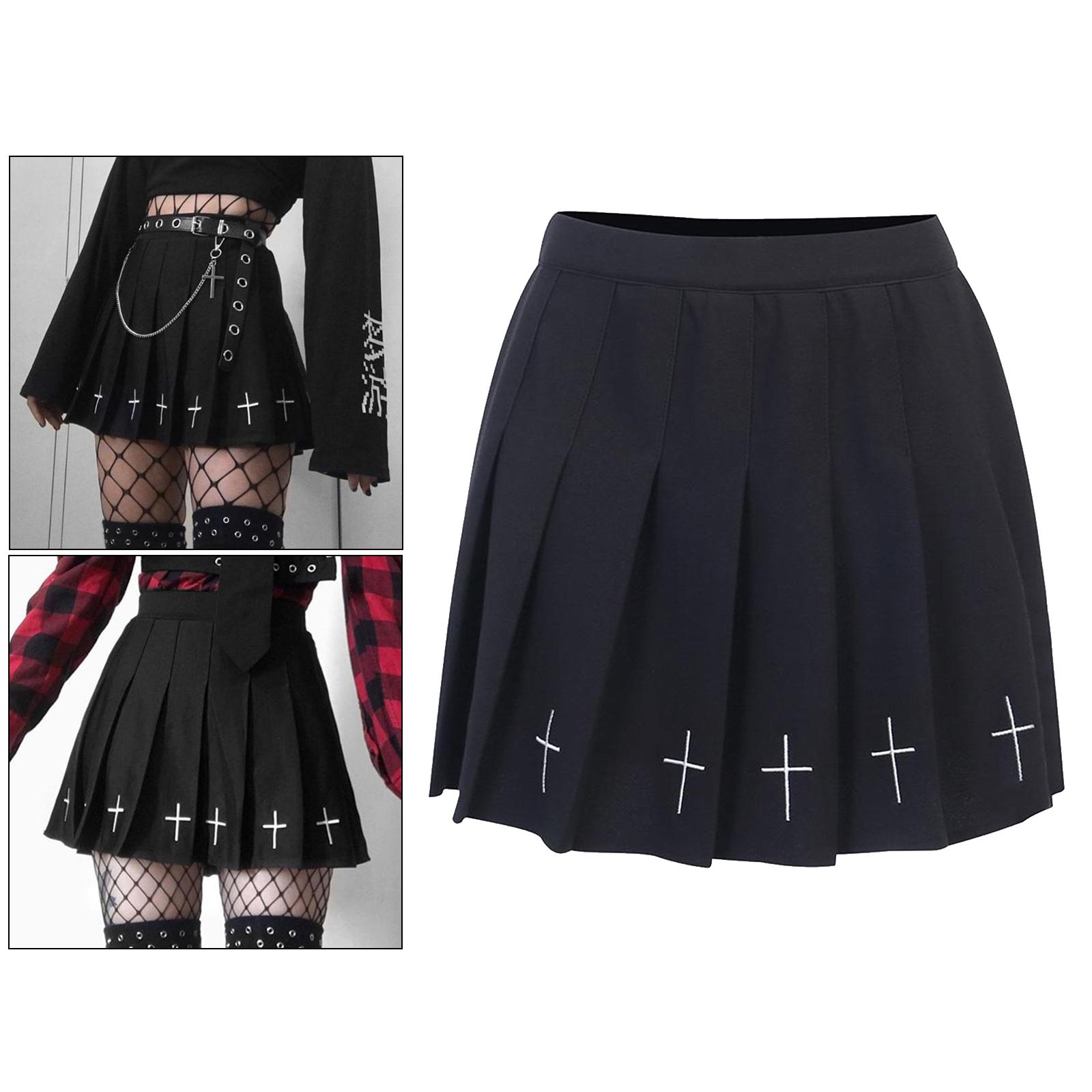 Girls Punk Cross Embroidery Skirts Pleated Women High Waist Mini Skirts Cross Female Black Skirts Cosplay Costumes Skirts