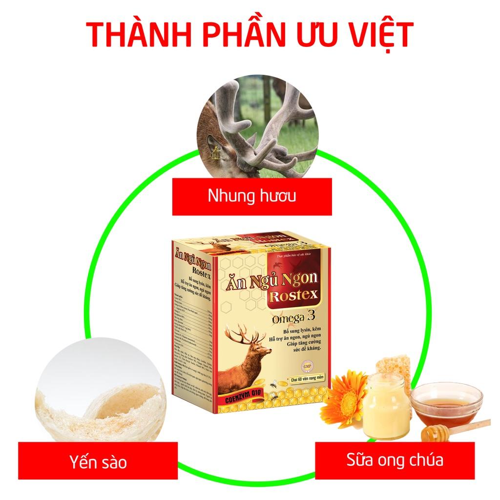 Viên Ăn Ngủ Ngon Rostex Omega 3, lysin, kẽm tăng sức đề kháng, tăng sức khỏe - Chai 60 viên