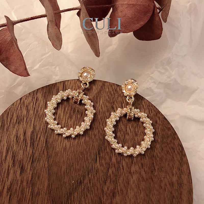 Khuyên tai dáng dài, khoen tròn đính đá phối hạt trai xinh xắn HT676 - Culi accessories